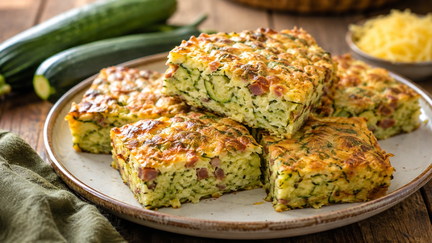 Golden baked zucchini slice cut into squares on a wooden board